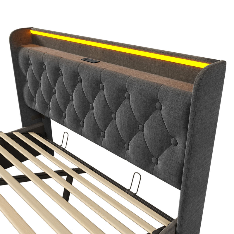 Upholstered Bed, 360 Surround LED Function, Remote Control, Hydraulic Storage Bed With USB, Type-C Charging (Without Mattress)
