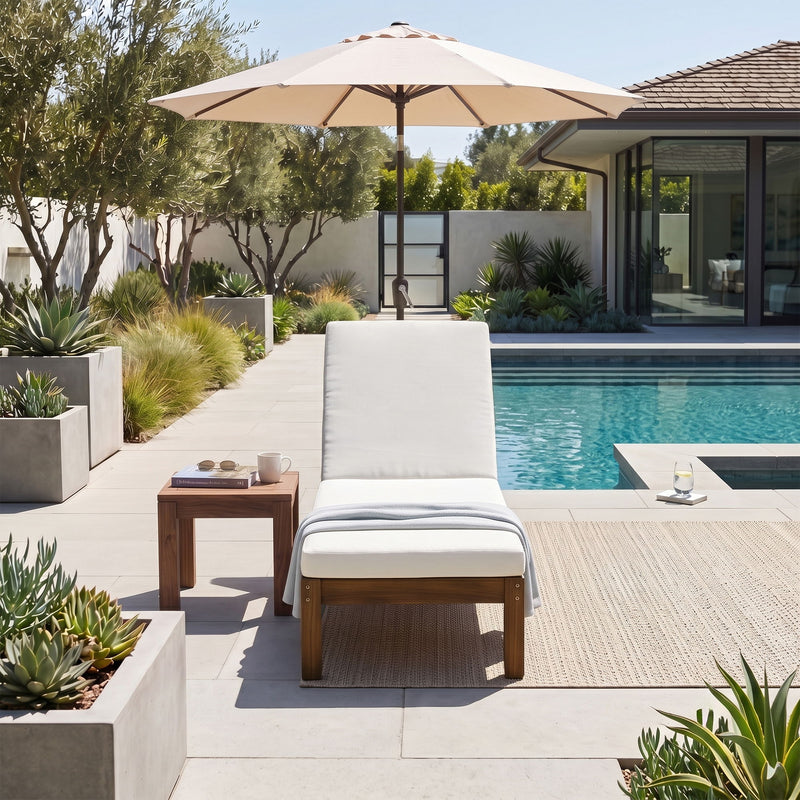 Adjustable Outdoor Patio Lounge Chair Chaise Lounge - Beige / Walnut