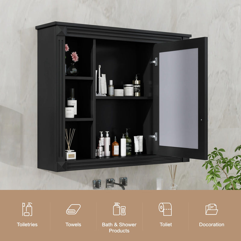 Wall-Mounted Bathroom Storage Cabinet With Mirror, 6 Open Shelves - Black