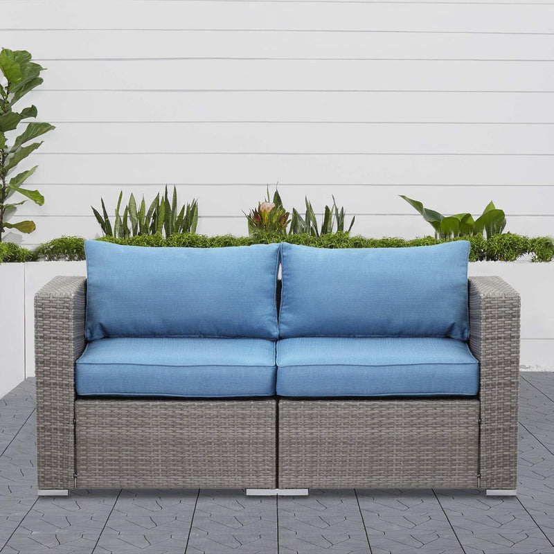 2 Piece Patio Loveseat Set With Thick Cushions, Outdoor Sectional Sofa For Balcony - Blue / Brown