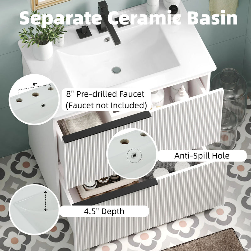 Fluted Bathroom Vanity With Ceramic Sink, Soft Close Slides