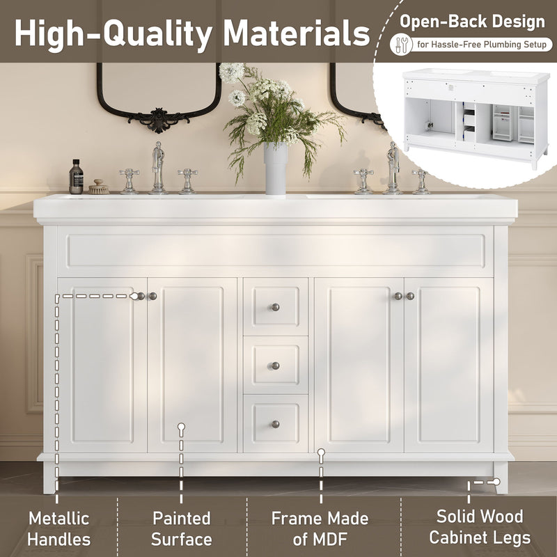 Bathroom Vanity Cabinet Only, 3 Drawers & 4 Doors With Double Layer Shelves - White