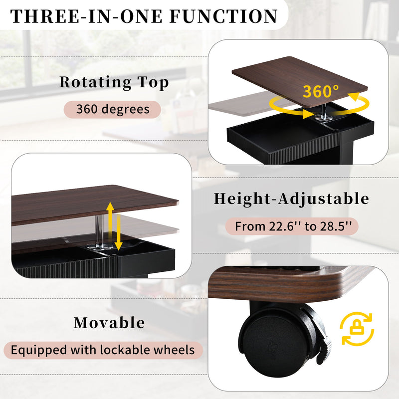 Adjustable End Table With Wheels, 360°Rotating Top And Storage Space