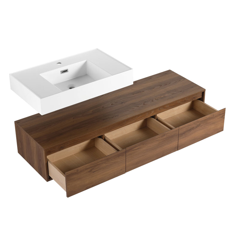 Modern Wall Mounted Bathroom Vanity With Resin Sink And Side Cabinet - Brown Ebony