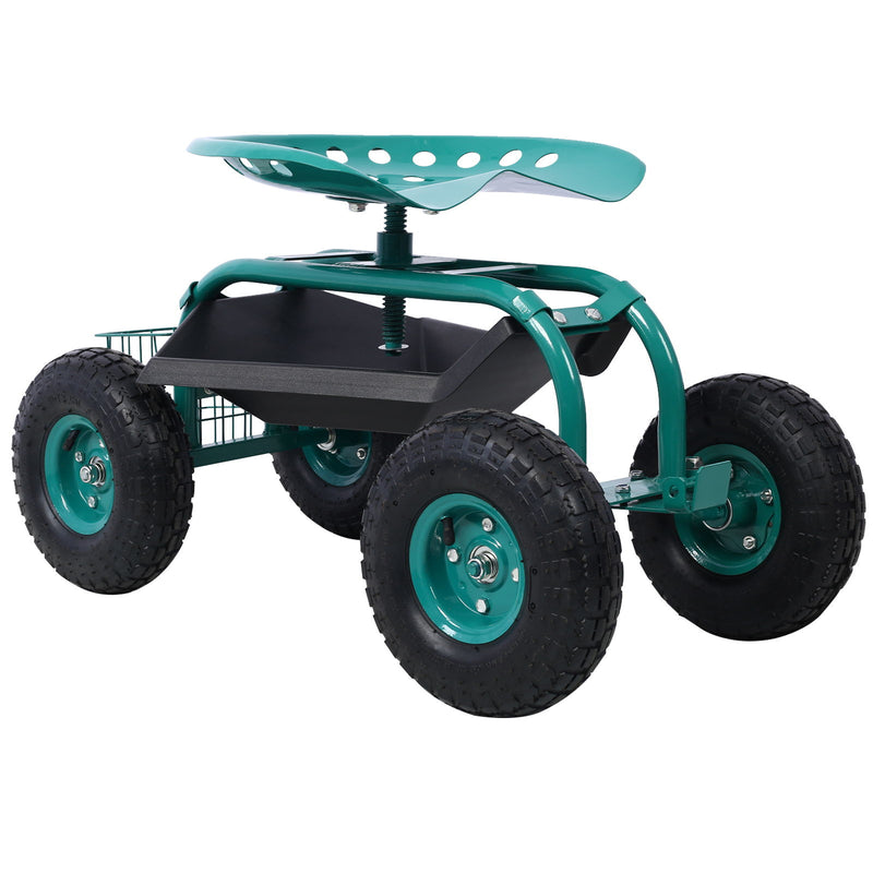 Rolling Garden Scooter Cart Seat With Wheels, 360 Swivel Seat, Tool Tray