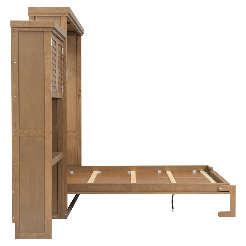 Queen Size Murphy Bed With Louvered Design And Multiple Storage Shelves - Wood