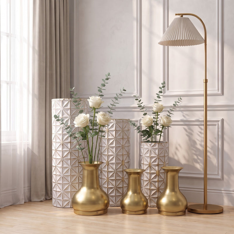 Tall Textured Geometric Decorative Floor Vases Home Decor (Set of 3) - White / Gold
