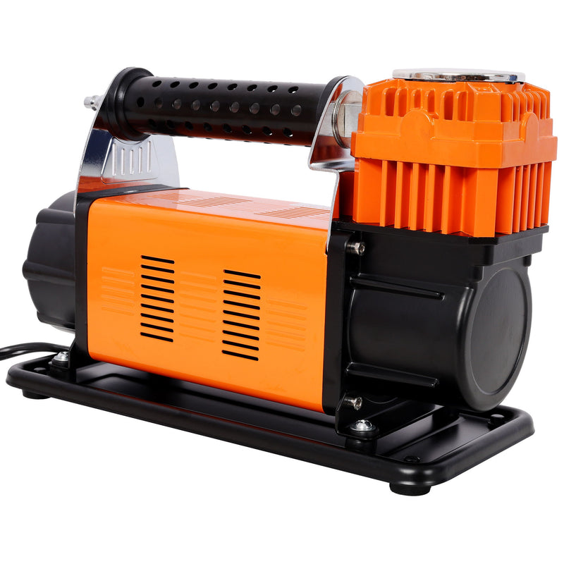 Heavy Duty 12V Air Compressor, Tire Inflator With Pressure Gauge, Compact Size - Black / Orange