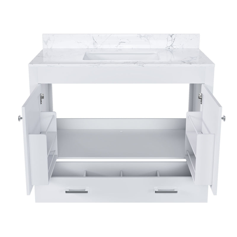 43" Bathroom Vanity With Artificial Marble Carrara Top Set, Multi Functional Cabinet With Doors And Drawer - White