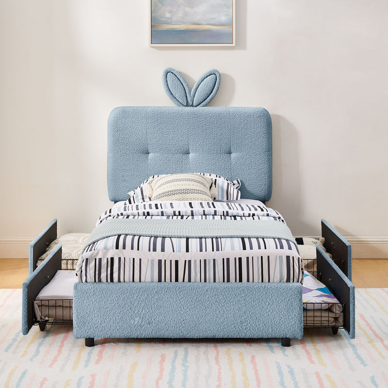 Upholstered Bed With Oversized Rabbit Ear Headboard, LED Lights & 4 Storage Drawers