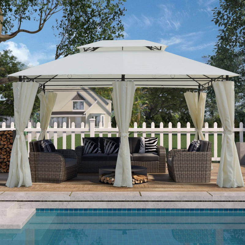 Outdoor Patio Gazebo Tent With Ventilated Double Roof And Sidewall