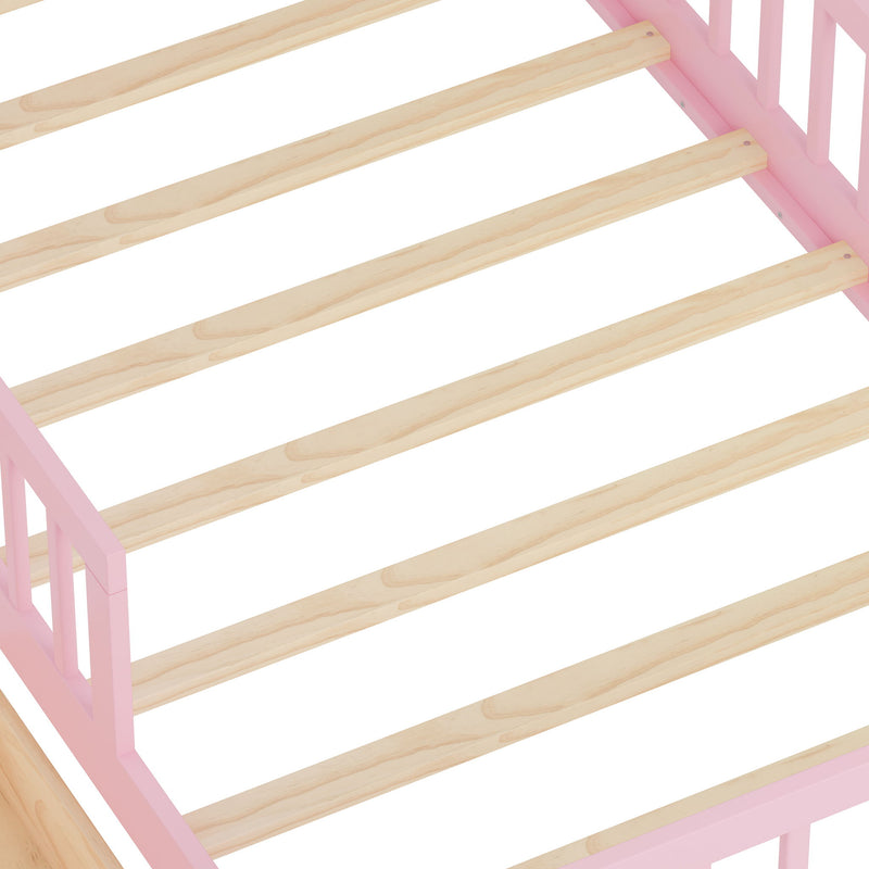 Bed With Headboard Storage Rack, 2 Under Bed Drawers, 3 Side Guardrails For Safety
