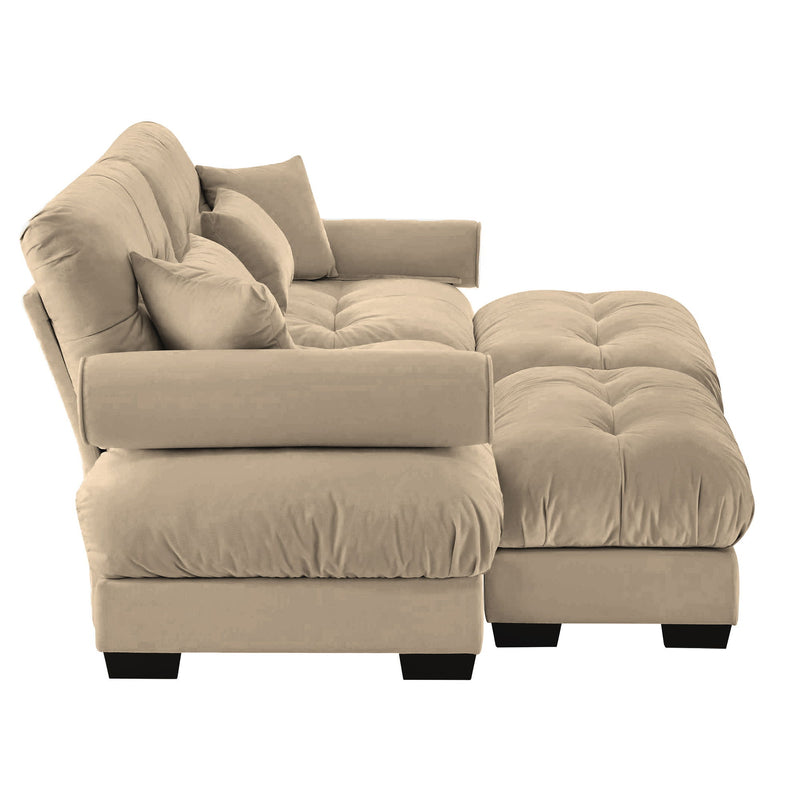 Modern Sectional Sofa With Ottoman, Round Bolster Armrests, Waist And Throw Pillows