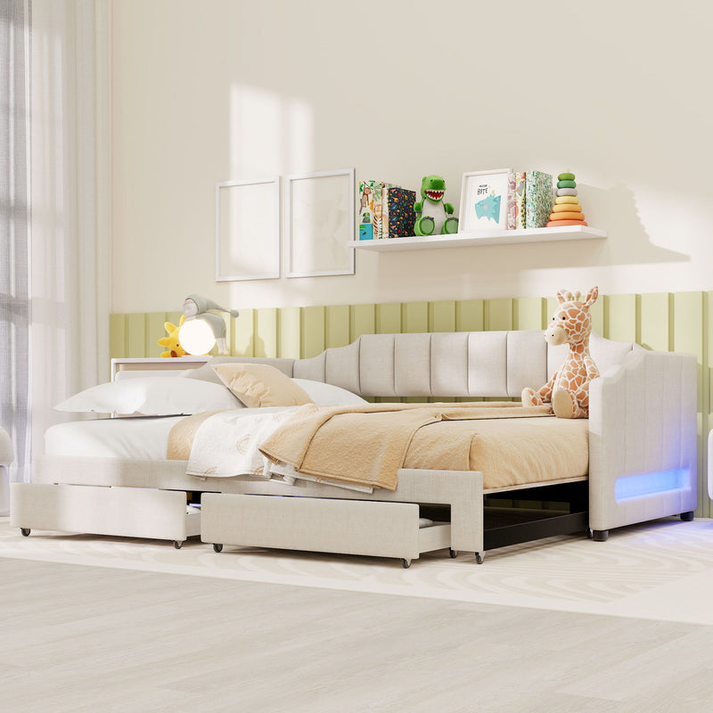 Extendable Daybed With LED Light And 2 Storage Drawers