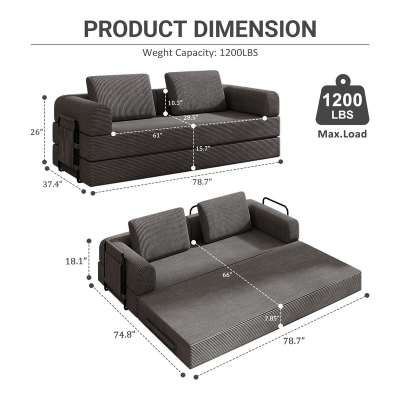 Convertible Sleeper Sofa Bed With Cylindrical Pillow, Fixed Shape Frame