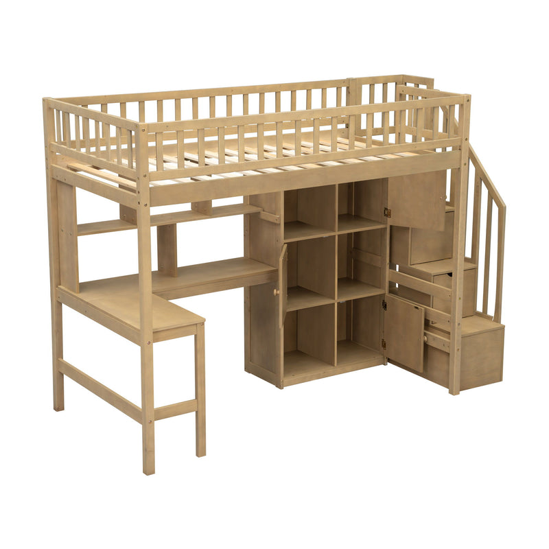 Loft Bed With Built In L Shaped Desk, LED Lights, Storage Shelves, Cabinets, And Staircase