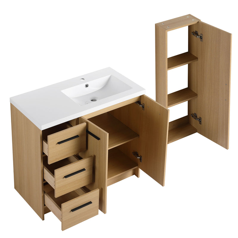 Freestanding Bathroom Vanity Set With Tall Linen Cabinet, 3 Drawers And Large Storage, Single Sink