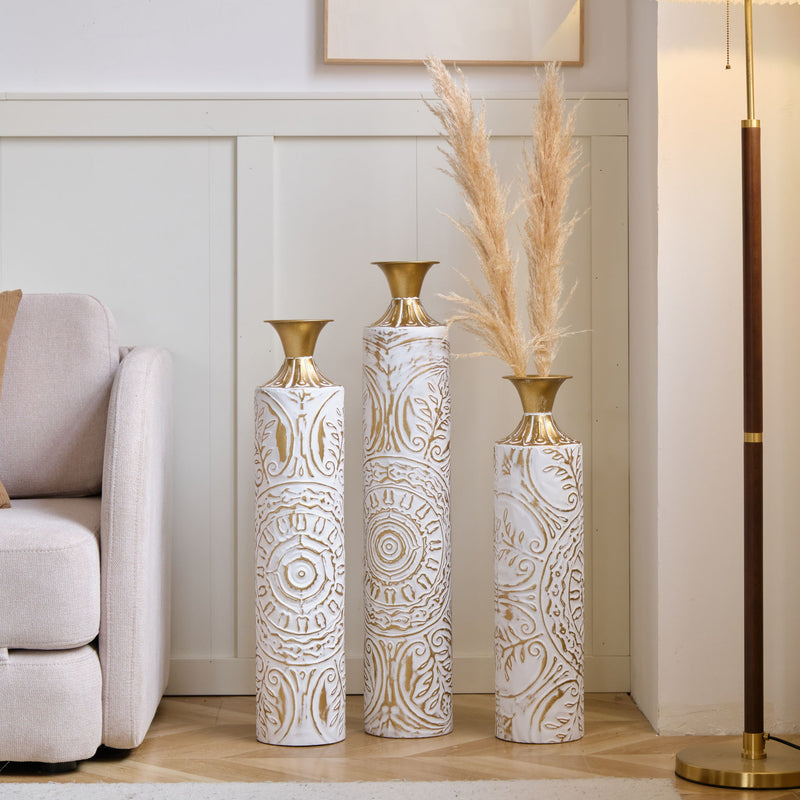 Floor Metal Vases Decorated Metal Vases (Set of 3) Gorgeous Home Decoration Large Glazed Metal Vases - White / Gold