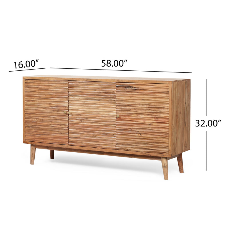 Boho Handcrafted 3 Door Sideboard, Carved Texture & Artisanal Charm - Natural