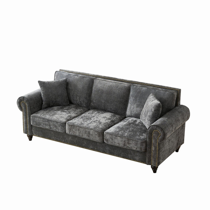3 Seater Sofa With Tufted Upholstery, Rolled Arms, Nailhead Trim