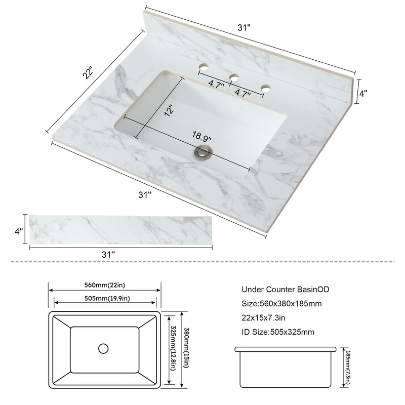 Elegant Sintered Stone Bathroom Vanity Top With Rectangular Undermount Ceramic Sink