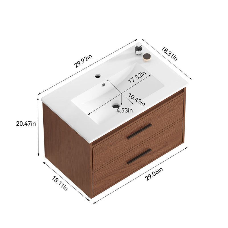 Wall Mounting Bathroom Vanity With Soft Close 2 Drawer, Sink - Reddish Brown