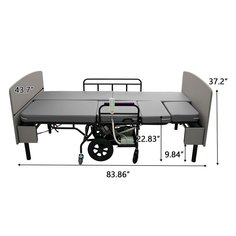 Dual Motor 3 In 1 Electric Nursing Bed Convertible To Wheelchair & Stretcher - Gray
