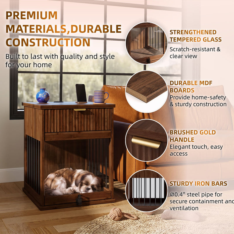 Dog Crate End Table With Charging Station - Antique Brown