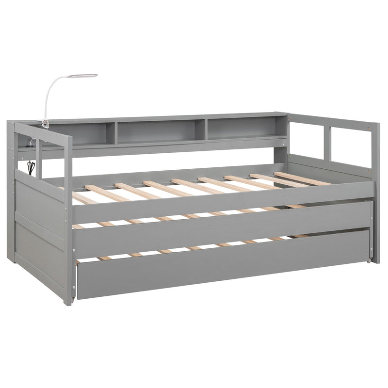 Daybed With 2 Trundles, 3 Storage Cubbies, Built In USB Charging Light