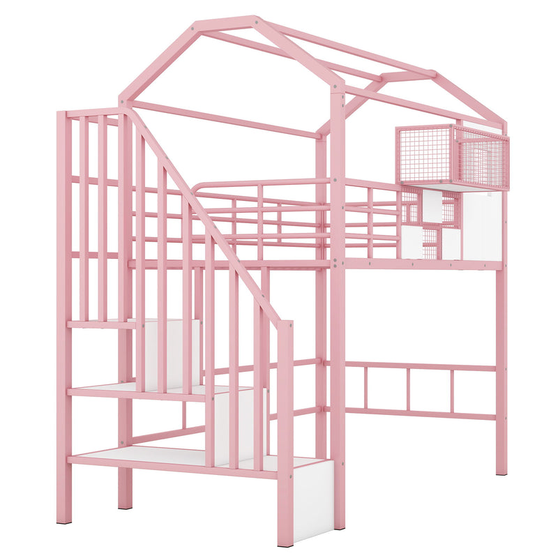 Metal Loft Bed With Roof Design And Storage Box With Guardrails And Integrated Ladder