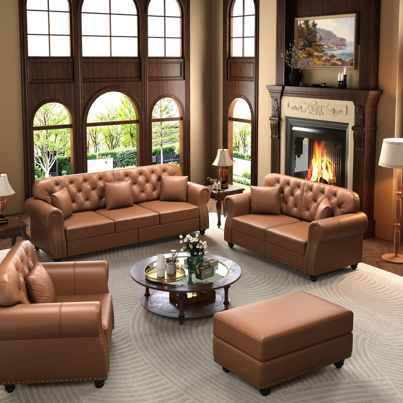 Upholstered Sofa With Nailhead Trim, Rolled Armrests With Ottoman