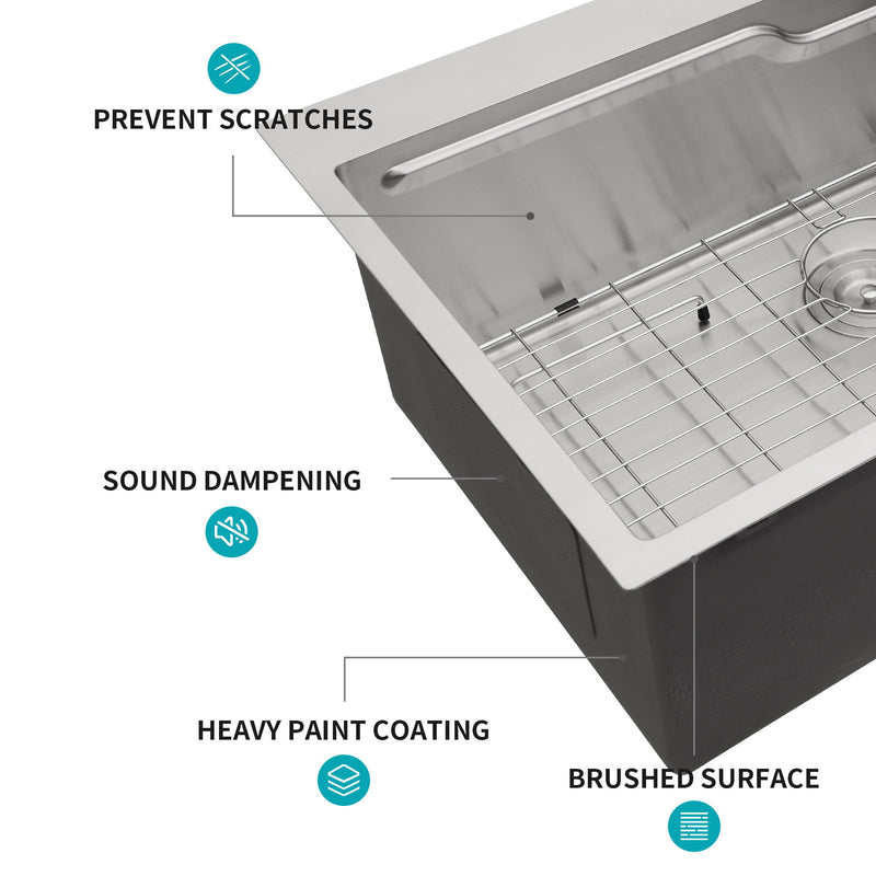 33" Drop In Kitchen Sink With Ledge Workstation, Single Bowl, 16 Gauge Stainless Steel - Brushed Nickel