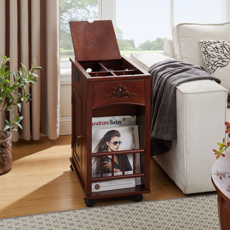 Traditional End Table With Charging Station, Narrow Side Table With USB Ports And Outlets - Red Walnut