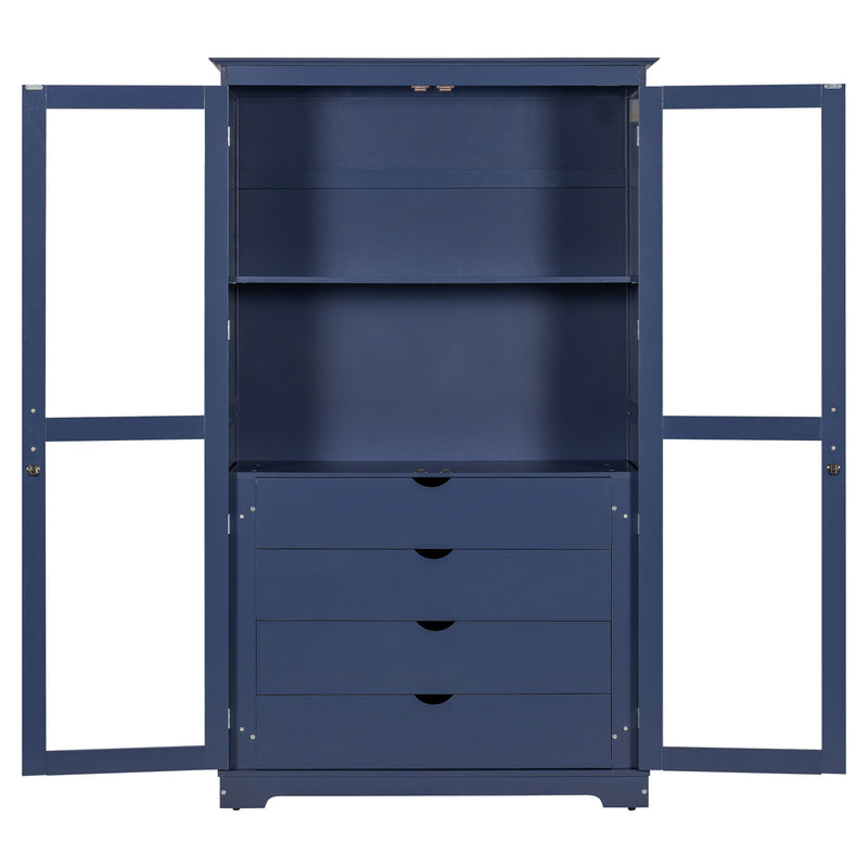 Kitchen Pantry, Freestanding Kitchen Storage Cabinet Display Cabinet With Glass Doors And 4 Built In Drawers For Living Room, Home Office - Blue