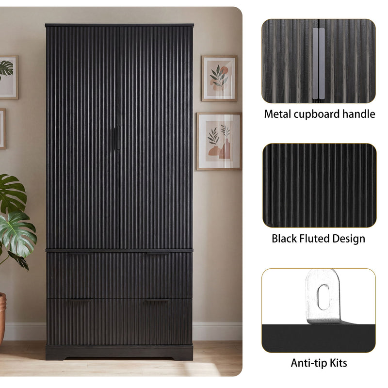 Fluted Kitchen Pantry Cabinet With 2 Large Drawers & 8 Door Spice Rack Freestanding Storage Organizer - Black