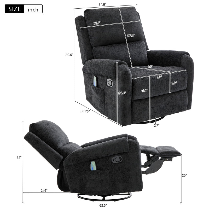 Manual Recliner Massage Chair With Swivel Rocker, 8 Massage Modes, Side Storage Pocket