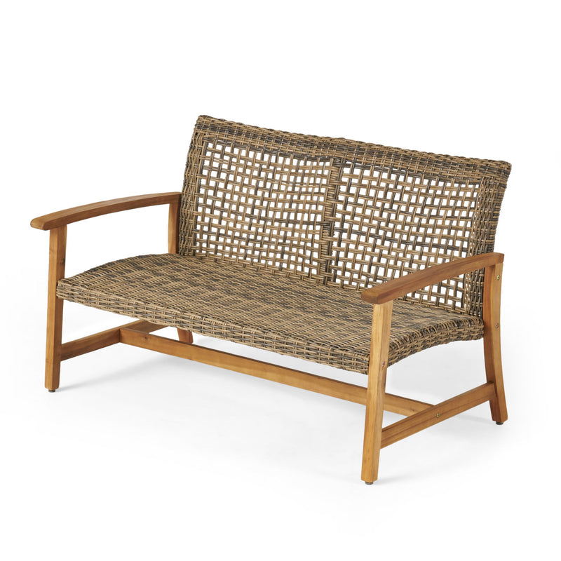 Outdoor Rattan Loveseat With Wooden Legs - Natural / Gray