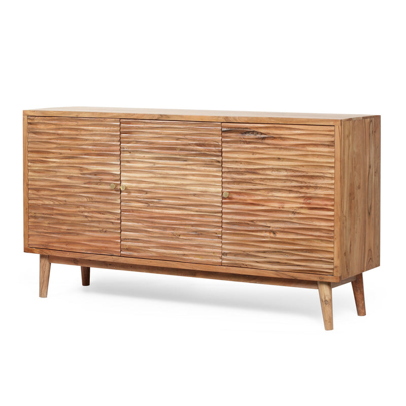 Boho Handcrafted 3 Door Sideboard, Carved Texture & Artisanal Charm - Natural