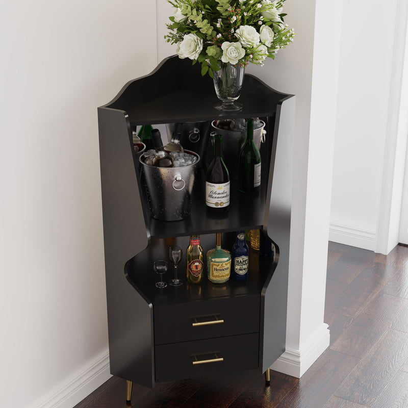 Corner Bar Cabinet With Mirrored Back, 2 Open Shelves & 2 Drawers, High Legs For Easy Cleaning