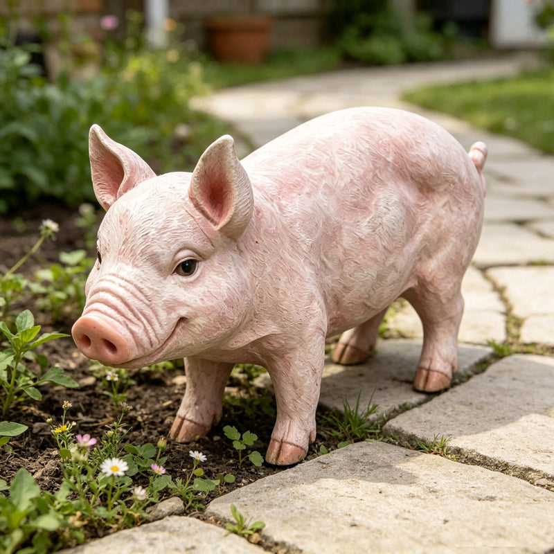 Cute Pig Garden Statue, Farm Pig Figurine Lawn Ornament, Weatherproof Outdoor Sculpture Decor - Baby Pink