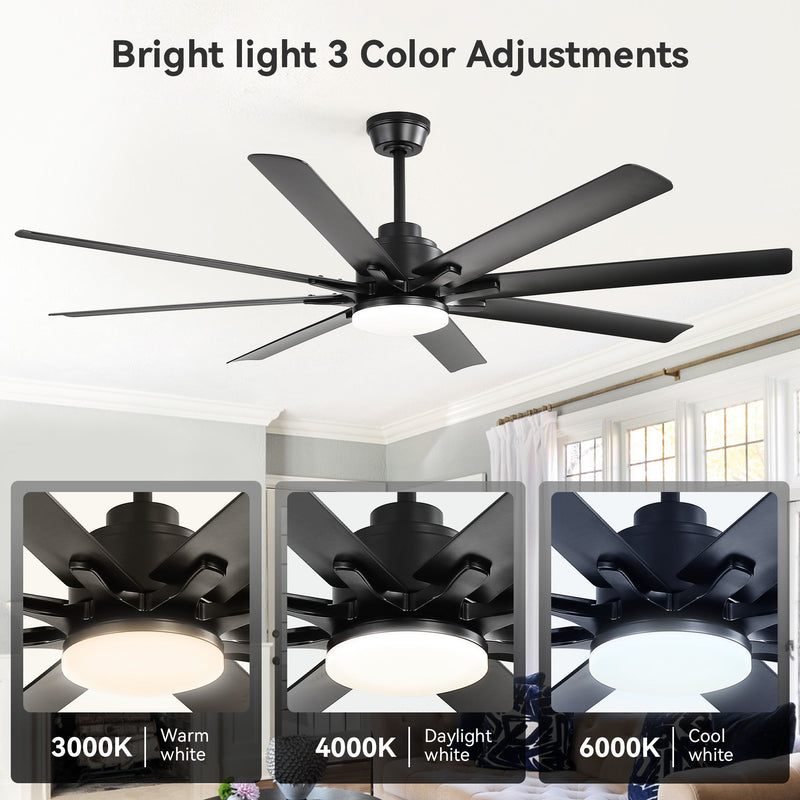 Smart Ceiling Fan With 8 Blades, Voice Remote Control, 6 Wind Speeds, Reversible DC Motor, 3 Color Lighting - Black