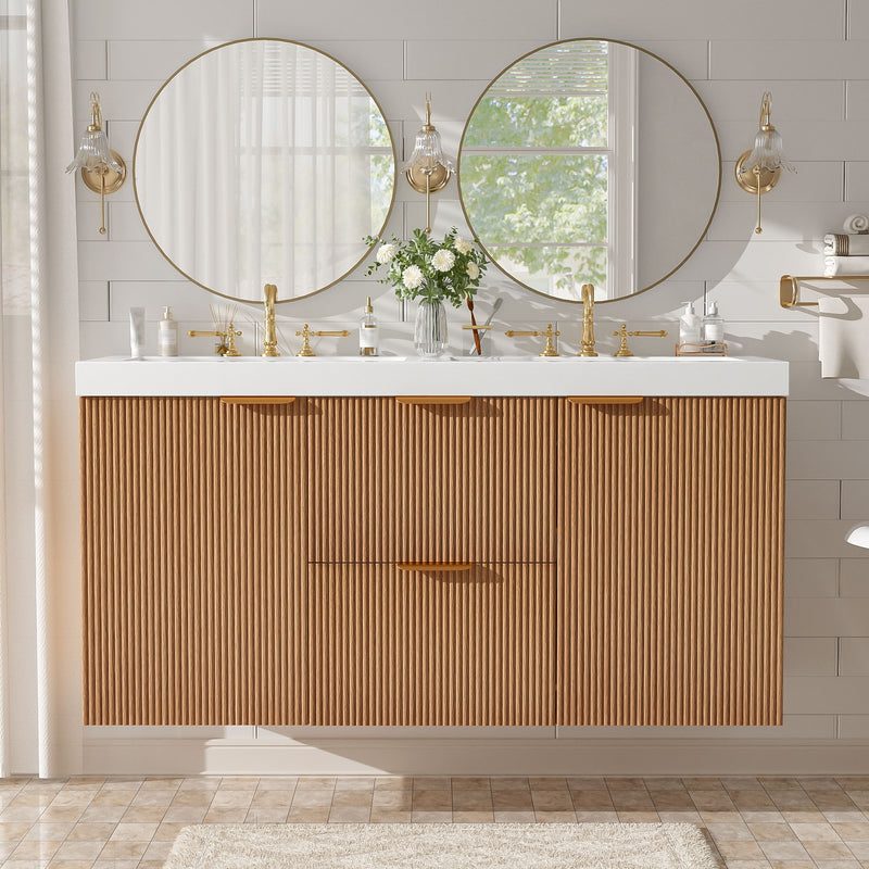 Double Sink Bathroom Vanity, Cabinet, Soft Close Doors, Divided Drawers, Wall Mounted Storage - Wood