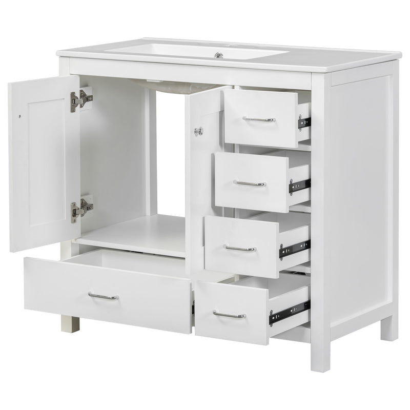 Bathroom Vanity With Ceramic Sink Combo, Abundant Storage Cabinet 2 Soft Close Doors And 5 Drawers