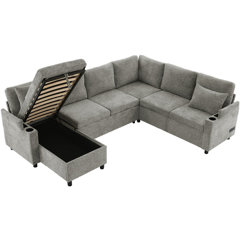 U-Shaped Sectional Sleeper Sofa With Ample Storage Space, 2 Cup Holders And Charging Ports For Living Room