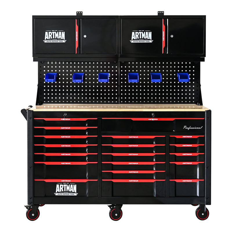 Heavy Duty Tool Cart With 19 Drawers, Tools Not Included, Mobile Storage For Workshop Or Laboratory - Black / Red