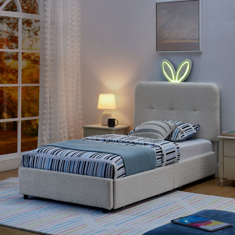 Upholstered Bed With Oversized Rabbit Ear Headboard, LED Lights & 4 Storage Drawers