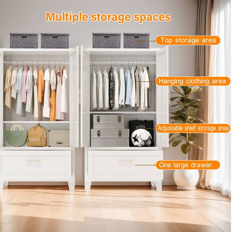 Wardrobe Cabinet With 1 Drawer And Hanging Rod, 2 Doors Closet With Shelf For Bedroom - White