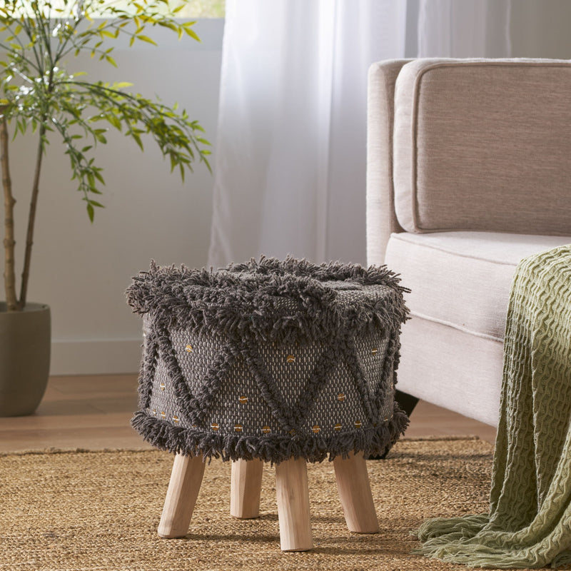 Roja - Handcrafted Wool & Cotton Foot Stool With Eucalyptus Wood Frame - Dark Brown