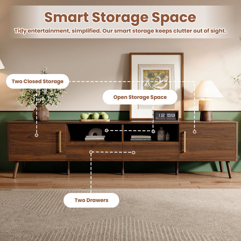 78" TV Stand For 85" TVs With Soft Close Doors, Open Shelf - Walnut