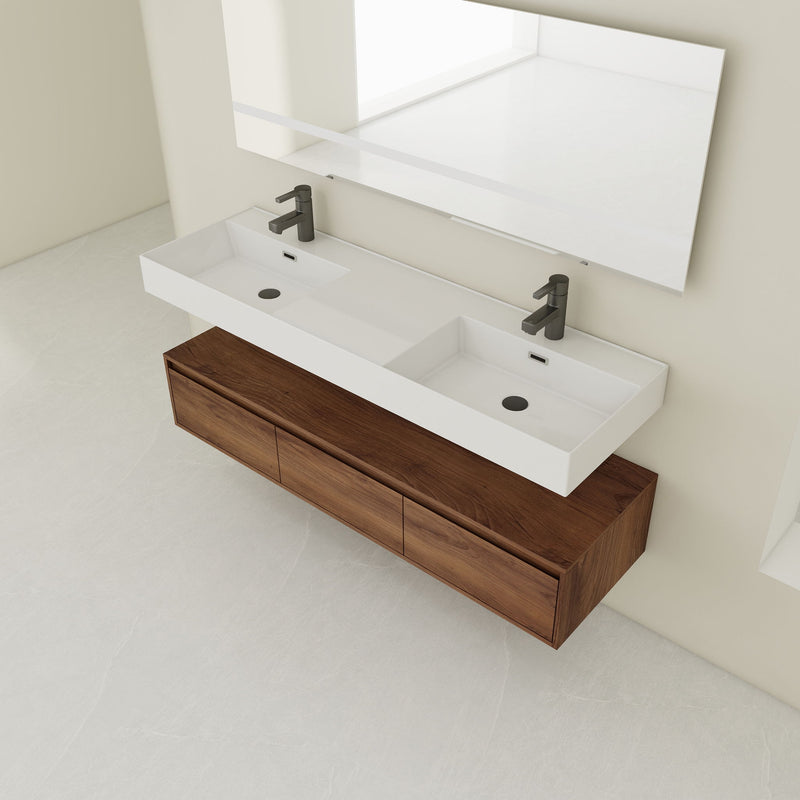 Contemporary Wall Mounted Bathroom Vanity With Dual Resin Sink And Soft Close Drawer